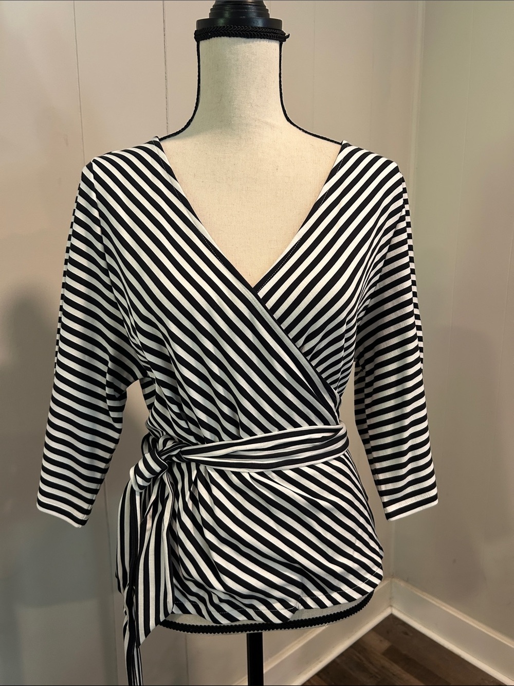 Express Black & White Striped Wrap Top